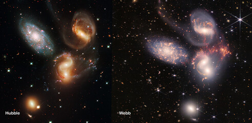 Webb and Hubble telescopes side-by-side comparisons visual gains. Stephan’s Quintet Galaxies in...