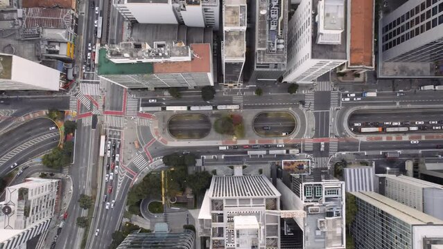 Aerial view of Avenida Paulista (Paulista Avenue) in Sao Paulo city, Brazil. Cinematic 4K