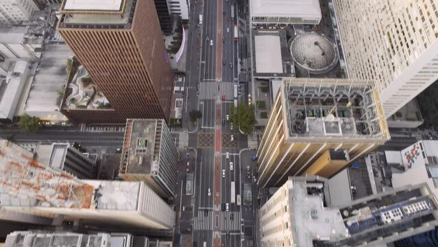 Aerial view of Avenida Paulista (Paulista Avenue) in Sao Paulo city, Brazil. Cinematic 4K