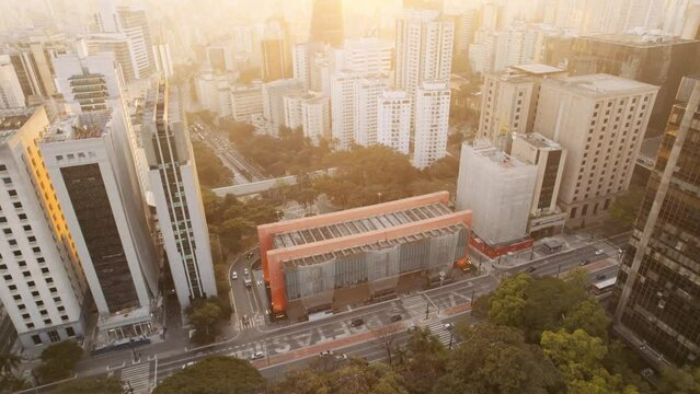 Aerial view of Avenida Paulista (Paulista Avenue) and MASP in Sao Paulo city, Brazil. Cinematic 4K