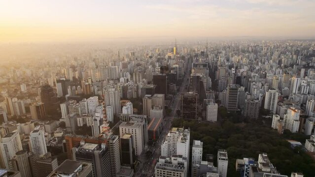 Aerial view of Avenida Paulista (Paulista Avenue) in Sao Paulo city, Brazil. Cinematic 4K
