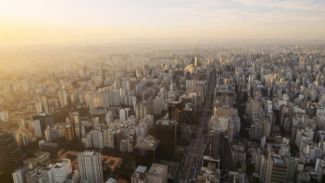 Aerial view of Avenida Paulista (Paulista Avenue) in Sao Paulo city, Brazil. Cinematic 4K