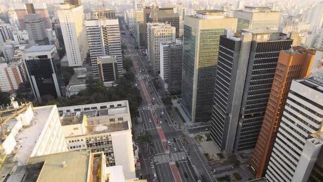 Aerial view of Avenida Paulista (Paulista Avenue) in Sao Paulo city, Brazil. Cinematic 4K