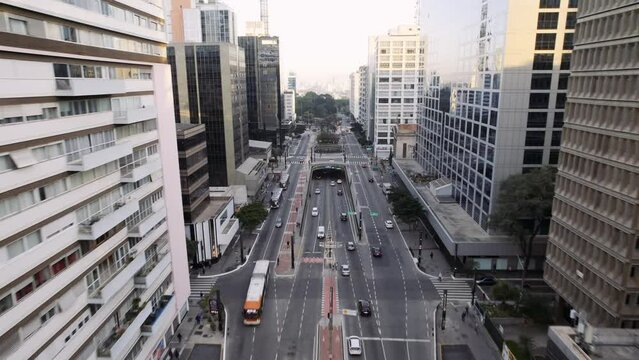 Aerial view of Avenida Paulista (Paulista Avenue) in Sao Paulo city, Brazil. Cinematic 4K