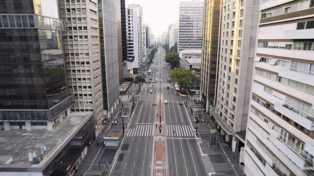 Aerial view of Avenida Paulista (Paulista Avenue) in Sao Paulo city, Brazil. Cinematic 4K