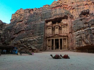 Two Camels in front of Al Khazneh - treasure, old city of Petra, Jordanie