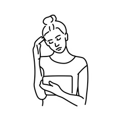 Thoughtful girl studies on a tablet color line illustration