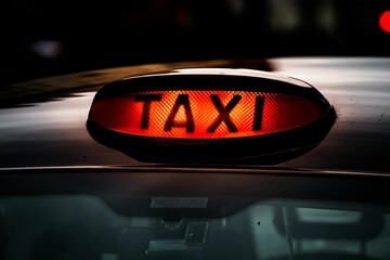 Closeup of a taxi sign on top of a car at night