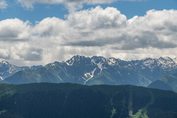 Beautiful  mountain landscape. High snow covered mountains in the fog .Svaneti, Georgia.