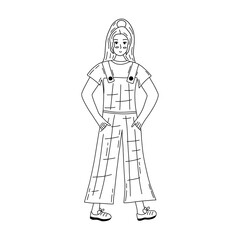 Fototapeta na wymiar Beautiful stylish girl with long hair is walking in overalls. Fashionable and comfortable clothes. Hair is tied into a high ponytail. Black and white vector isolated illustration hand drawn