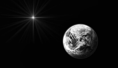 Planet Earth on black background with bright star. Black and white. Christmas Star of Bethlehem...