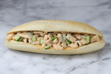Smoked Chicken Salad Sandwich isolated on grey background side view of fastfood