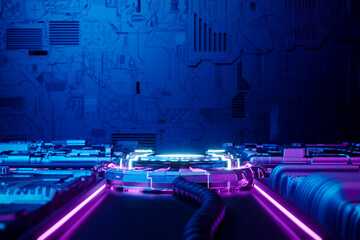 3d rendering sci-fi empty podium with blue and purple neon light for product display. © pprothien