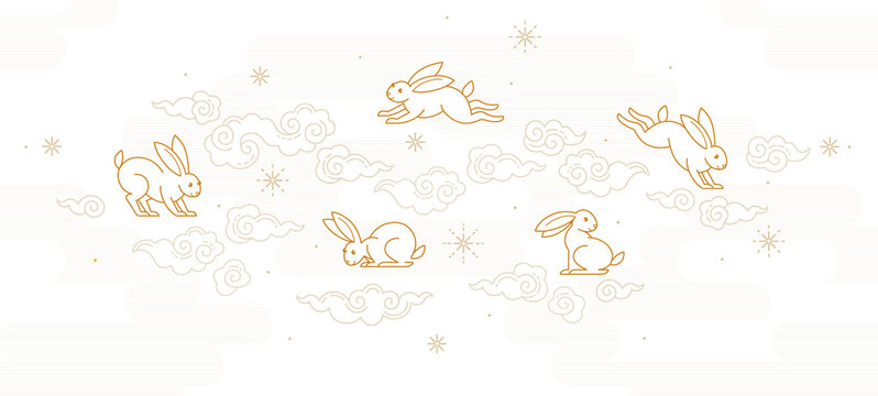 Line Art Vector Banner, Poster, Premade Card Template. Chinese Illustration Of The Rabbit Zodiac Sign. Symbol Of 2023 In The Chinese Lunar Calendar. Black Water Rabbit, Chine Calendar.