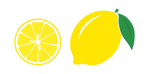 Vector icon of bright yellow lemon and cut slice, color illustration