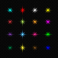 Set of colorful stars, vector flares with light on a transparent background. Abstract laser stars. Vector illustration