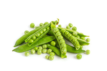 Bunch of green pea pods with individual peas isolated on white background