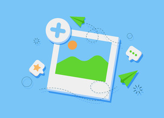 Image, photo, jpg file. Mountains and sun landscape. Picture in a frame with add button. Cartoonn vector icon.