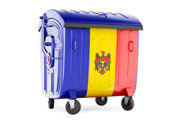 Garbage container with Moldovan flag, 3D rendering