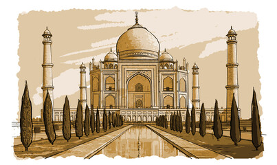 The Taj Mahal. White marble mausoleum on the south bank of the Yamuna river in the Indian city of Agra, Uttar Pradesh. Temple. Ancient Palace. illustration.