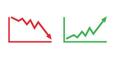 Graph going Up and Down sign with green and red arrows vector. Flat design vector illustration concept of sales bar chart symbol icon with arrow moving down and sales bar chart with arrow moving up.	