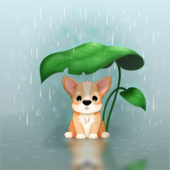 Mały smutny piesek stojący pod liściem w deszczu. Nieszczęśliwy szczeniak Welsh Corgi Pembroke. Mały uroczy zwierzak. - obrazy, fototapety, plakaty
