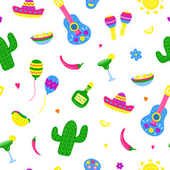 Seamless pattern with doodle Cinco de mayo icons.