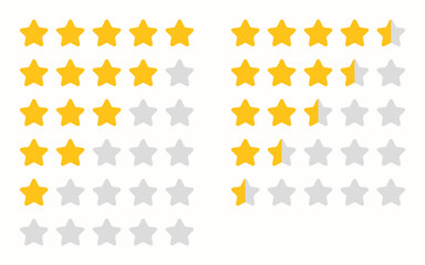 Set of stars rating. Customer review or feedback. Gold five stars, half stars on a white background. Stars set rating for apps or websites.