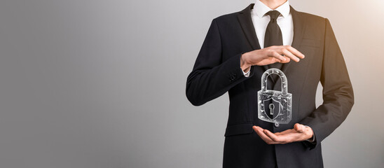 Cyber security network. Padlock icon and internet technology networking. Businessman protecting...