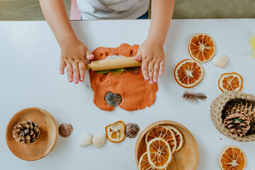 Child make prints on the dough using natural materials - obrazy, fototapety, plakaty