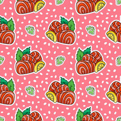 Sashimi and wasabi, vector seamless pattern in the style of doodles, hand drawn