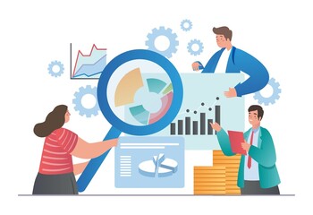 People gathering data concept. Young men and woman with magnifying glass collect business information and analyze it. Statistics, graphs and diagrams of company. Cartoon flat vector illustration