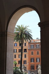 Traditional Building Facades and Palm Tree View From the Palazzo Barberini Portico in Rome, Italy