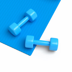 Isometric view of sport equipment like yoga mat and dumbbell on white
