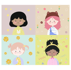 Cute girls vector cartoon set. Happy girl characters.