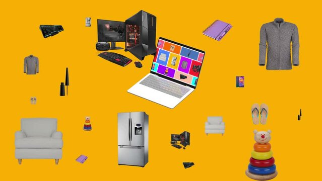 4k 60 fps e-commerce product animation. Laptop and product showreel. Multi shopping product
