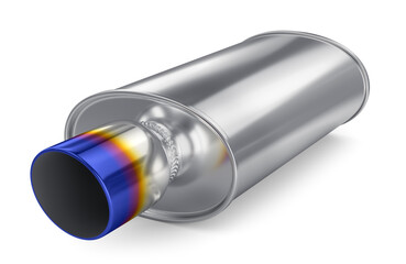 Steel chambered muffler, exhaust car pipe isolated on white background