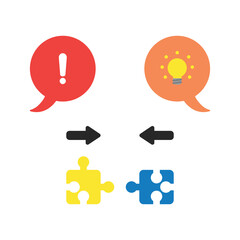 Teamwork problem concept, mismatched puzzle pieces, here's a good idea about it with puzzle, exclamation mark and light bulb icons, flat vector illustration