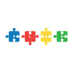Plan, teamwork concept with matching puzzle piece icons, flat vector illustration
