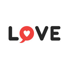 Love concept, love word with speech bubble and heart icons, flat vector illustration