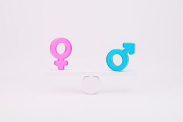 Gender Equality Concept and women equality day. Male And Female venus and mars symbols balancing 3d rendering - obrazy, fototapety, plakaty