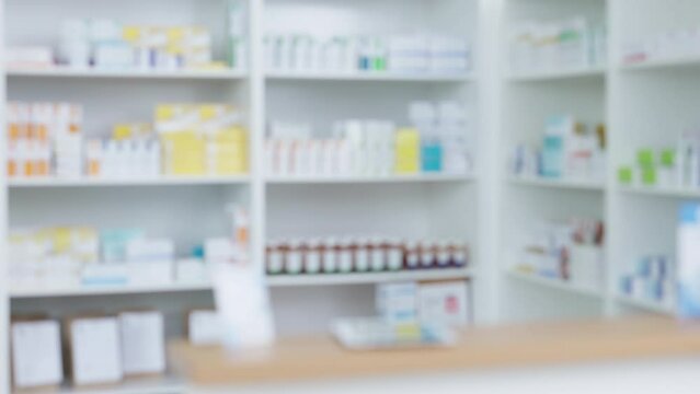 Blurred view of stocked pharmacy shelves in a chemist or hospital with copyspace. Pharmacy and healthcare industry background for treating patients. Prescription and over the counter service