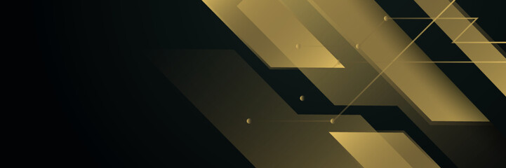 Black gold technology digital banner design. Design modern luxury futuristic technology background. Game tech wide banner vector illustration. Hi tech digital communication. Abstract tech background.