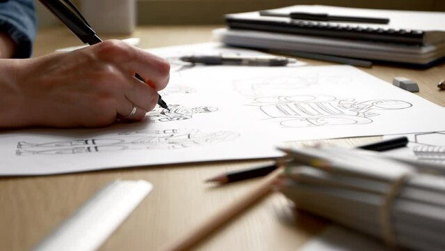 A woman artist draws on paper sketches of a storyboard of robots, cyborgs.