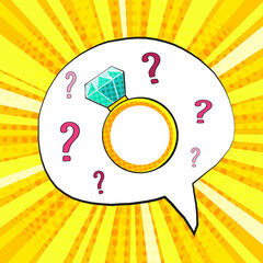 Diamond ring vector patch badge, sticker, pin isolated on white. Colored cartoon blue shine brilliant, adamant, gem stone. Cool luxury illustration. Modern fashion Pop Art comic style 80s 90s