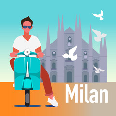 Milan vector illustration with a man on a scooter and the cathedral