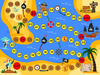 Obraz premium Vector illustration of a board game for children. Treasure Hunters. Guide the pirates along the route to the treasure island and get a chest of coins.