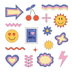 Abstract retro stickers in the style of the 1990s. Multicoloured vector shapes isolated on a white background