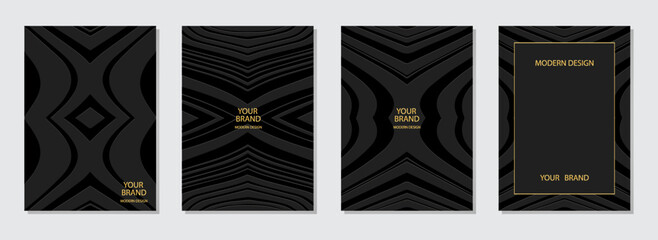 Set of original covers, vertical vector templates. Collection of black backgrounds with 3d geometric pattern of stripes and lines. Tribal ethnicity, hand drawn style.
