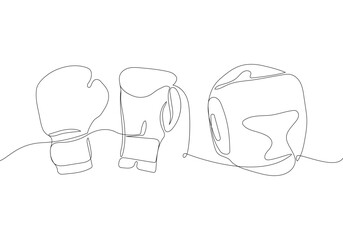 Boxing set with gloves and helmet one line art. Continuous line drawing of MMA gloves, shingard, mixed martial arts, sport, sports, activity, struggle, fight, athlete, strength, aggression, training